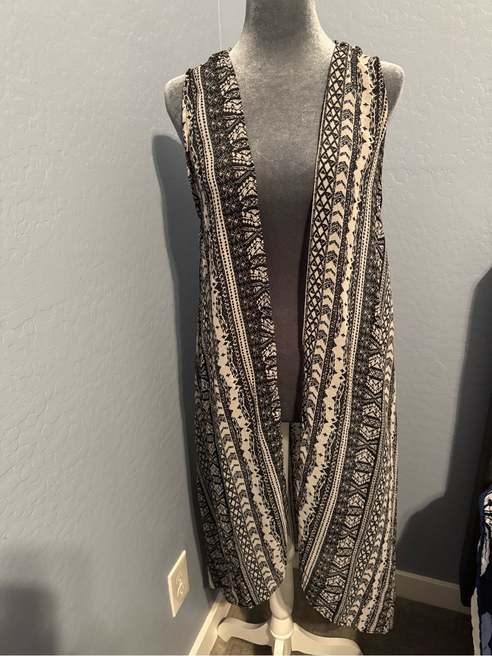 Boho Black & Cream Printed Duster Vest